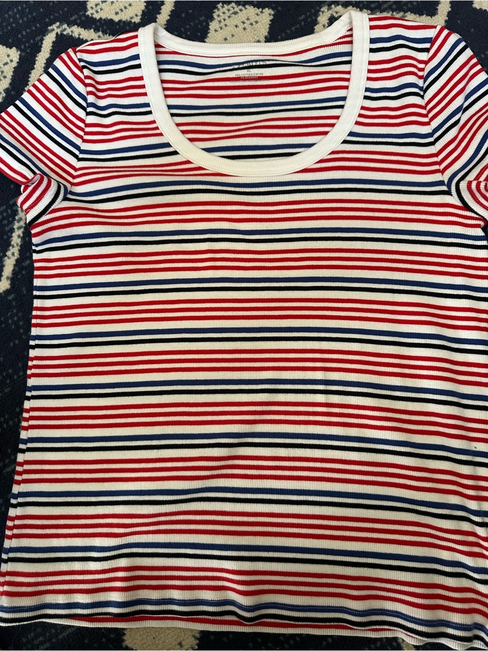 Talbots- Short Sleeve Ribbed Knit Striped Tee - Red, Navy, Black & White size XL